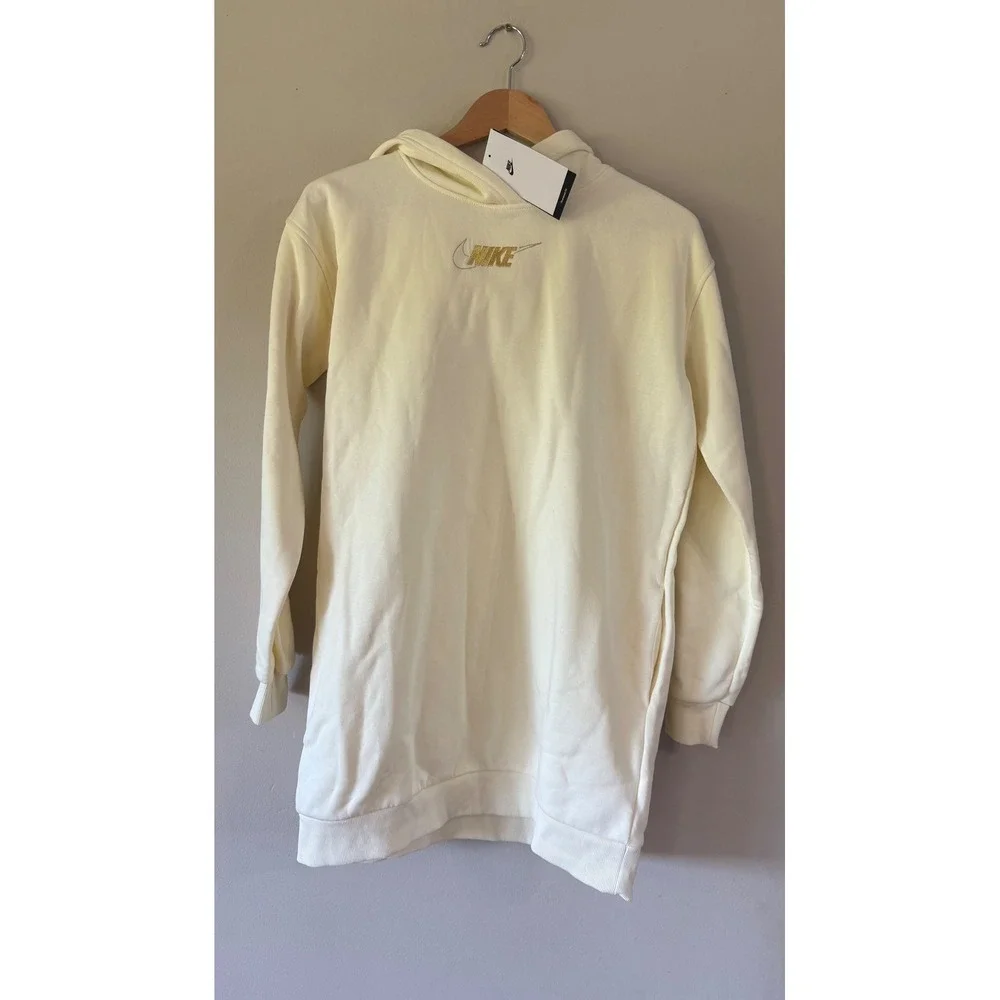 Nike Kids Youth XL Oversized Fit Hoodie Cream Gold Metallic Logo Long Length